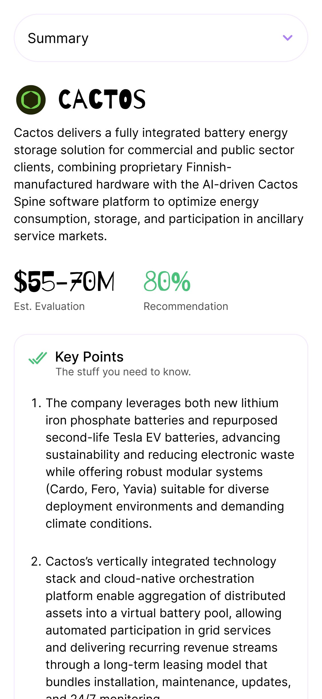 Sample investment report for Cactos energy storage system